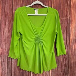 Y2K 90s KC Stevens Lime Green Top Slinky Knit Womens Size Large Made in USA